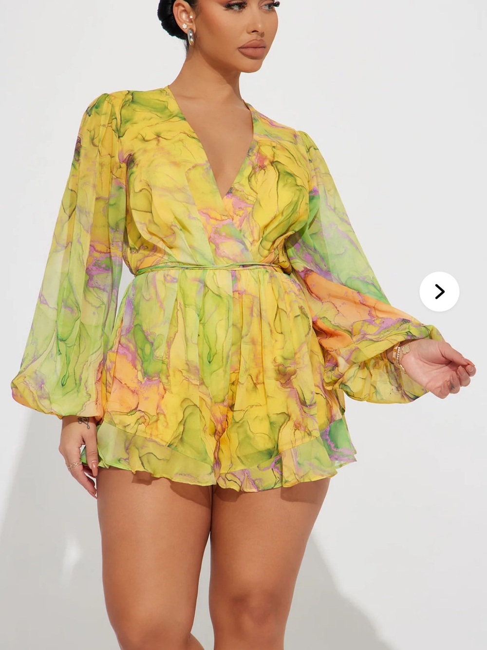 Fashion Nova Yellow Marble-Print Long Sleeve V-Neck Romper